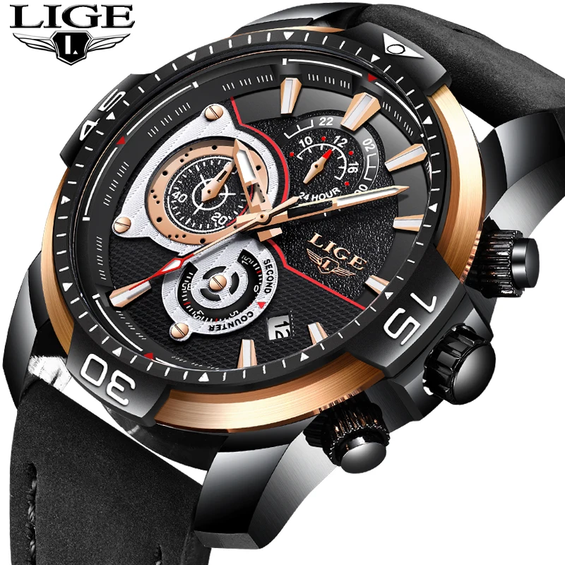 LIGE модные Для мужчин кварцевые наручные часы Марка Водонепроницаемый кожа часы для Для мужчин Повседневное черные часы для мужчин Relogio