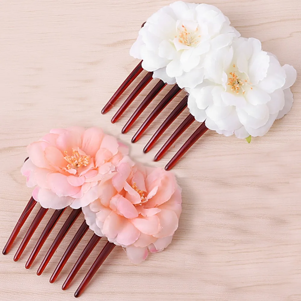 Double Silk pink Rose Flower Fabric Hair Combs Beachy Hair Clipin