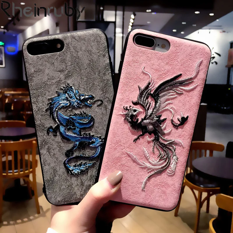 

Rheinruby 3D Embroidery Leather Phone Case For iPhone X XS XR XS Max Deer Dragon Back Cover For iPhone 7 8 6 6S Plus Cases Capa