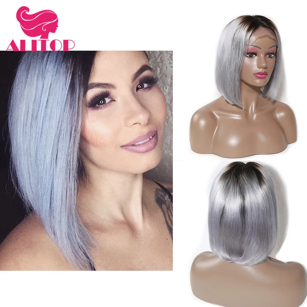 

ALITOP 1B Grey Ombre Short Bob Wig Lace Front Human Hair Wigs for Black Women Straight Brazilian Remy Hair Lace Front Wig