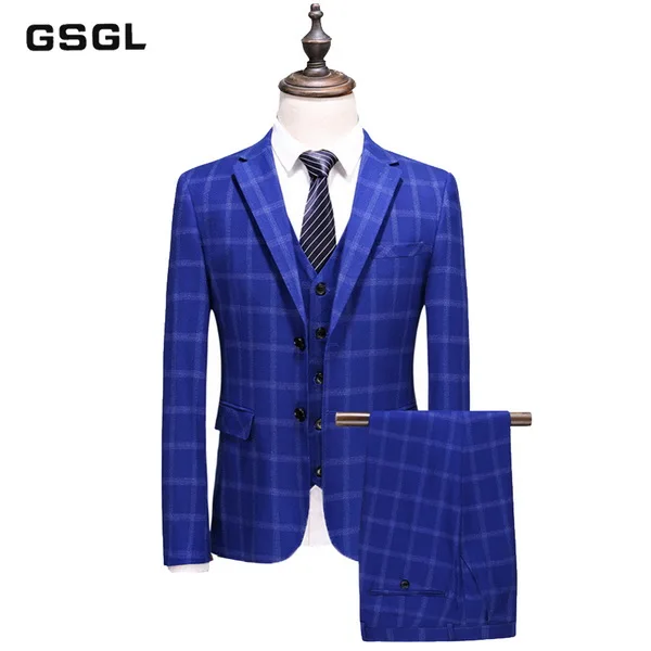 Royal Blue Королевский синий клетчатый костюм для мужчин, приталенные свадебные костюмы для мужчин, высокое качество, деловые официальные костюмы из 3 предметов - Цвет: Royal Blue