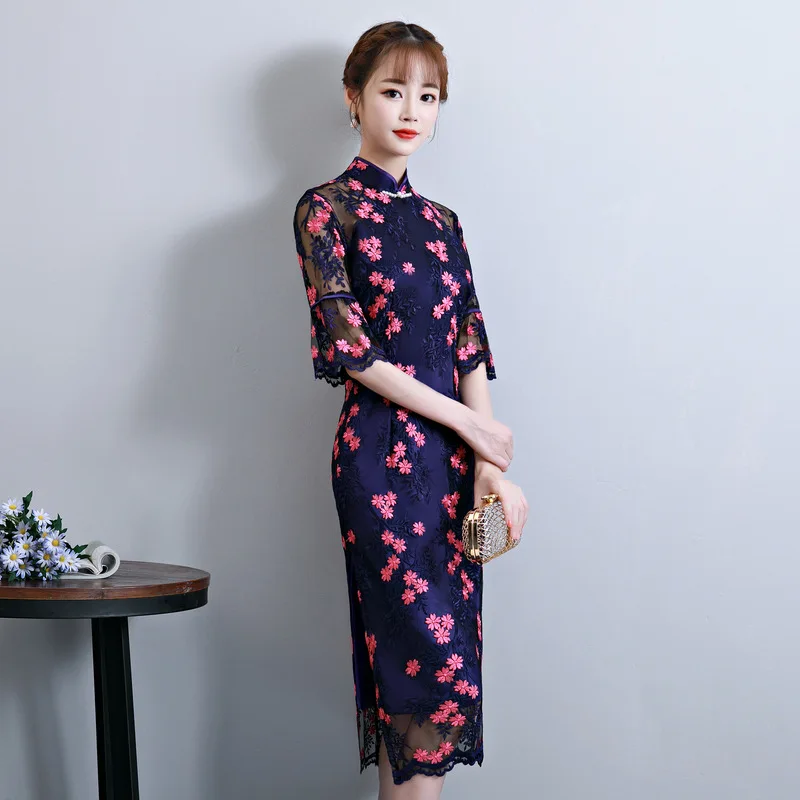 Платье Ципао длиной до колена, винтажное китайское платье с воротником-стойкой,, женское летнее Сетчатое платье с вышивкой, тонкое платье для вечеринок, Vestido S-3XL