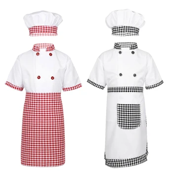 Children Unisex Chef Uniform Kids Boys Girls Chef Jacket with Apron Hat Kitchen Cook Cosplay Party Halloween Costume Set 1