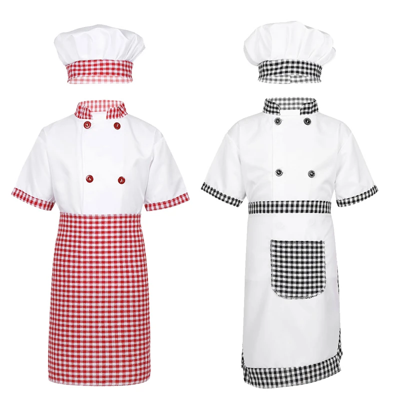 

Children Unisex Chef Uniform Kids Boys Girls Chef Jacket with Apron Hat Kitchen Cook Cosplay Party Halloween Costume Set