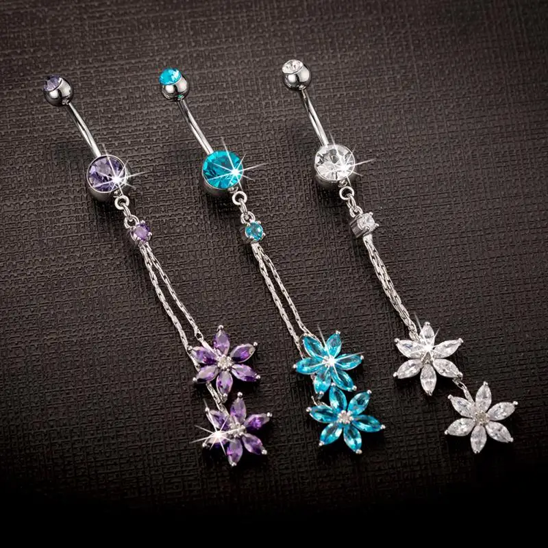 

High Quality Gold Medical Dangle Flower AAA CZ Zircon Crystal Navel Bell Button Rings Sexy Piercing Navel Body Jewelry