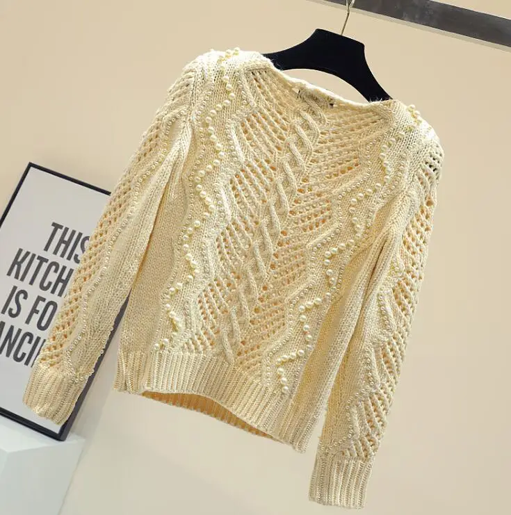 Femmes Pull Manches Tricot Apricot Filles Creux Automne Perle Longues Dames Manteau Chandails Vestes 2019 Perlée Out Printemps Mode Chandail De OEFFq