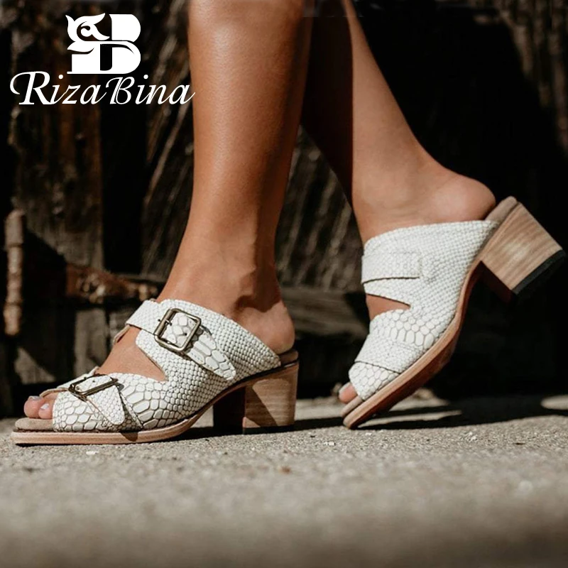 RizaBina Women Elegant Open Toe Sandals Low Heel T-Strap Summer Shoes with Buckle