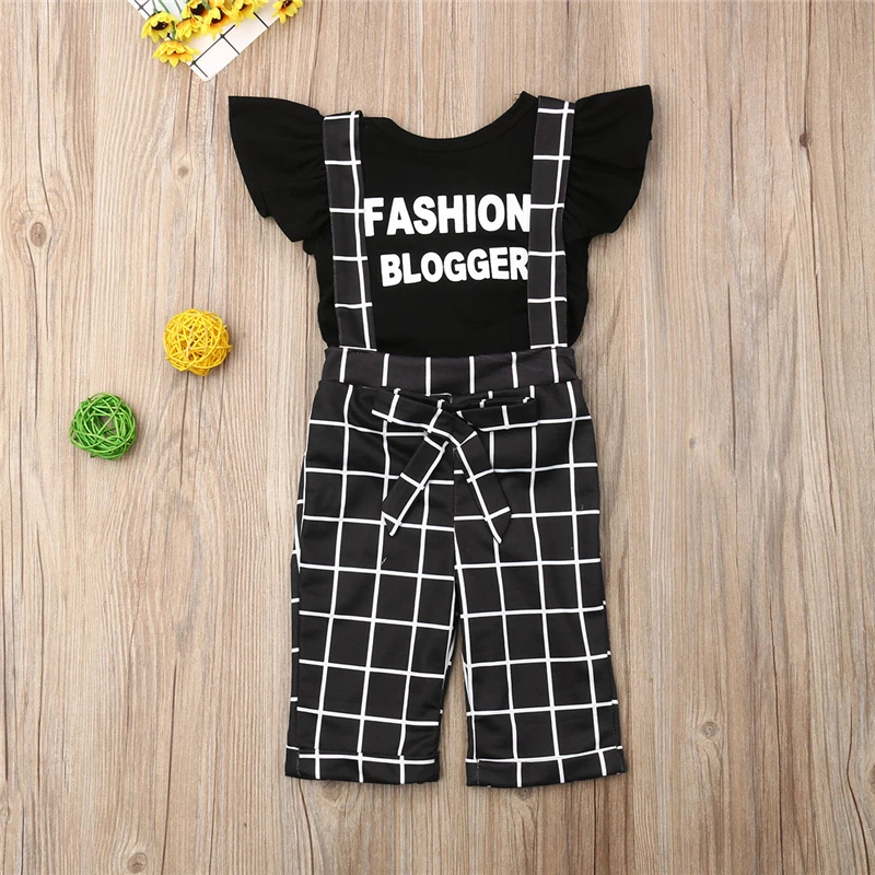 1-6T Fashion Toddler Kid Girls Clothes set Ruffles Short Sleeve Top and plaid Overalls Pants Cute Lovely Outfits Streetwear