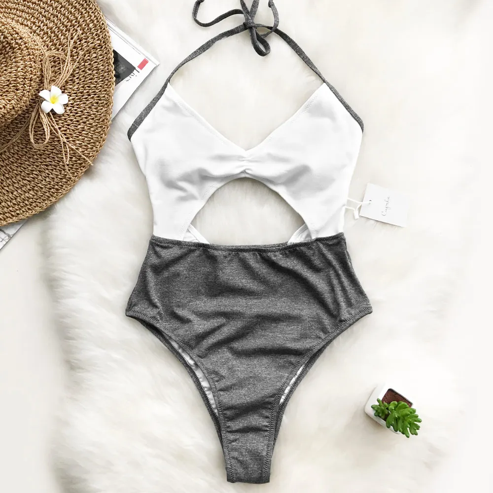 Buy Cupshe Balmy Days Halter One piece Swimsuit Deep V