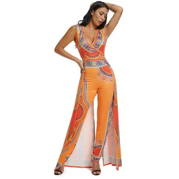 

High stretch African women's jumpsuit features printed orange ethnic style jumpsuit fashion sexy orange blue black jumpsuit sexy