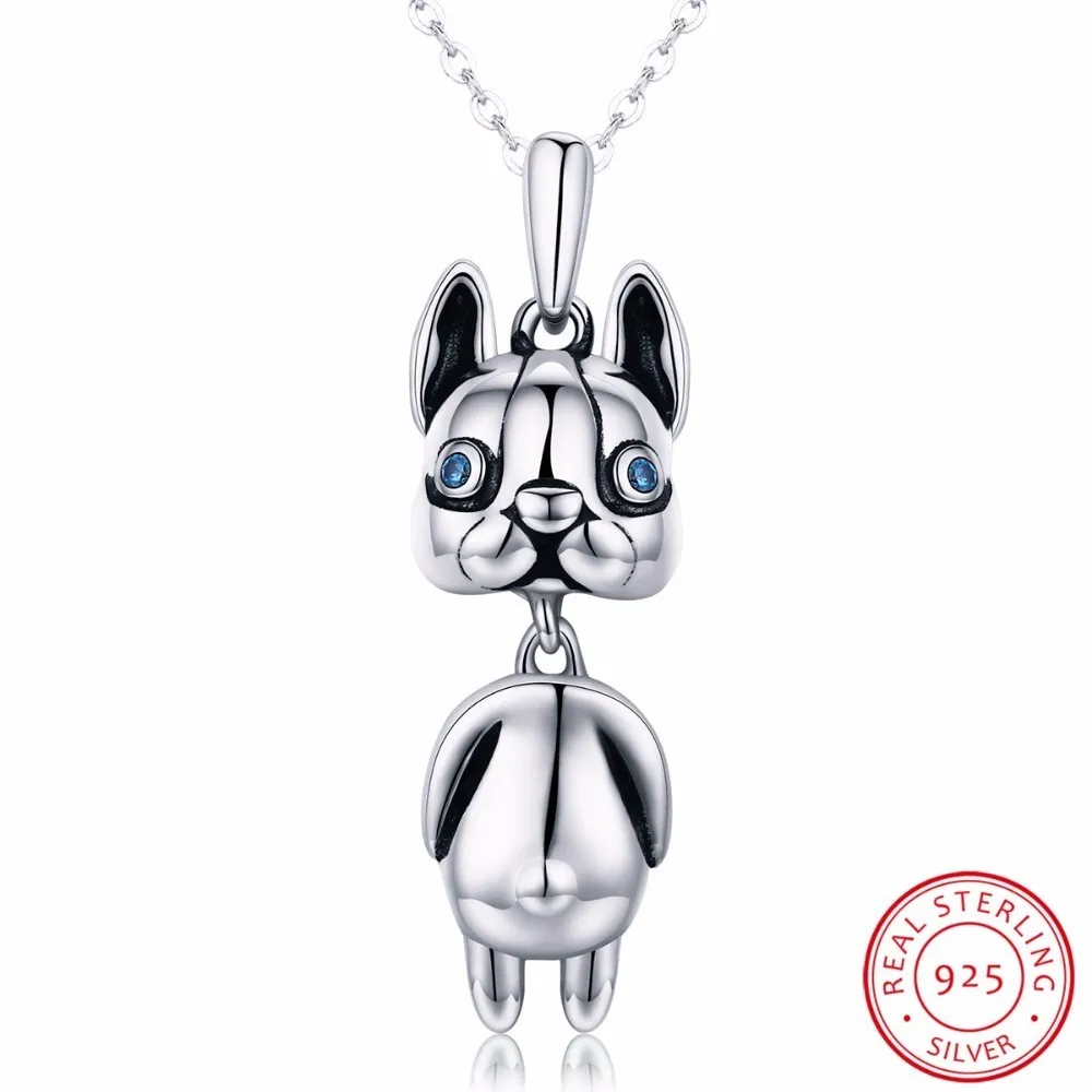 

High Quality Authentic 925 Sterling Silver French Bulldog Doggy Dog Animal Pendant Necklaces Women Silver Jewelry SCN233