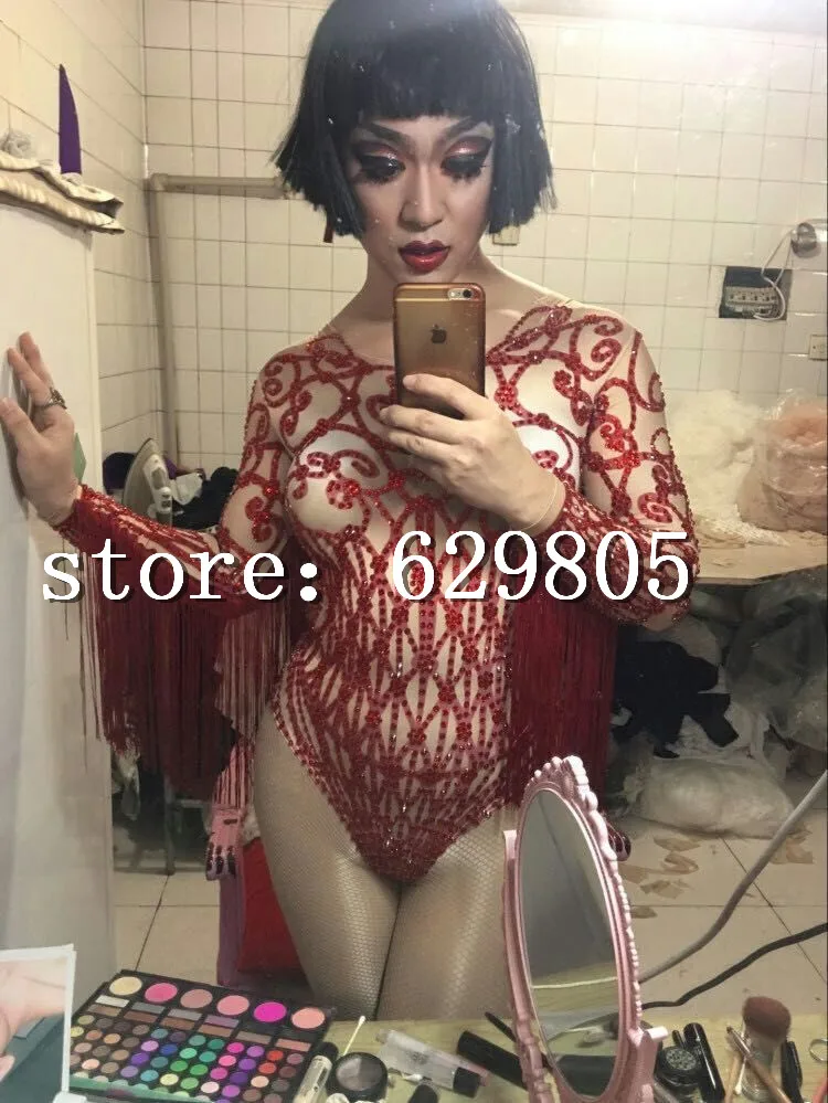 Glitter Bar Strass Rot K Dance Kost rper Nachtclub Quaste Outfit Frauen 6yfgb7