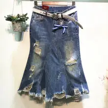 Осенняя новинка, женская джинсовая юбка, высокая талия, сексуальная, с оборками, тонкая, для женщин, юбка русалки, размера плюс, с дырками, Повседневная джинсовая юбка-труба