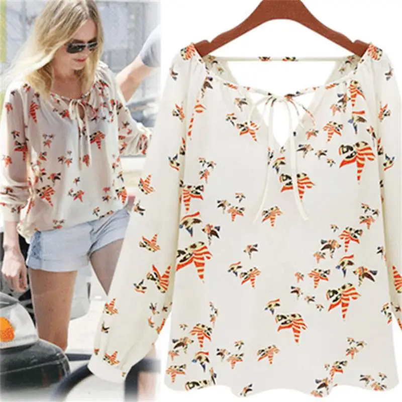 

Women Ladies Summer Blouse Casual Long Sleeve Chiffon Floral V Neck Collar Hot Fashion 2018 Female Tops Support Dropshipping