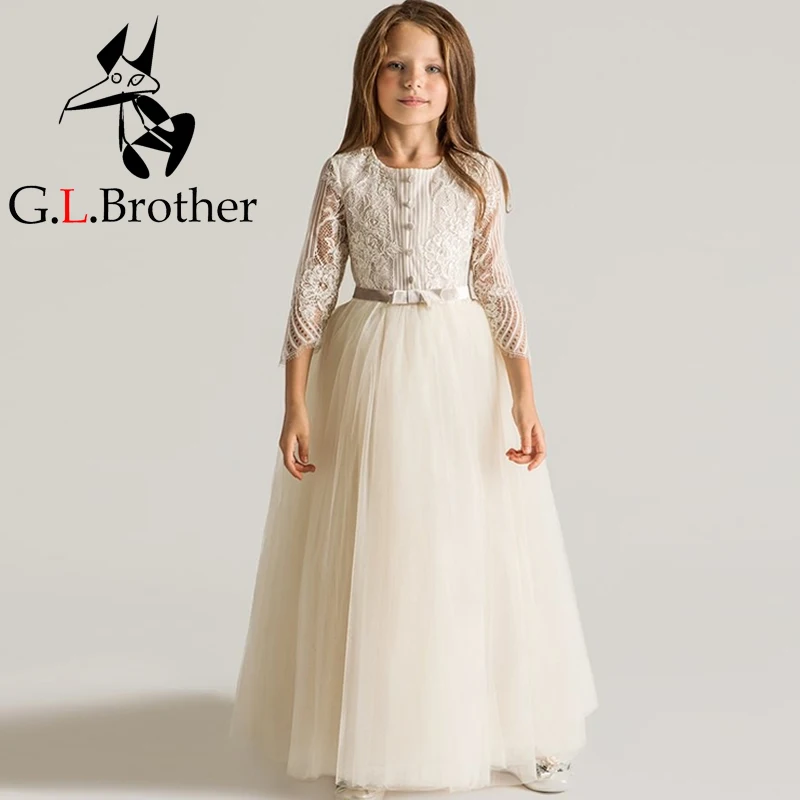 

Cute Long Sleeve Ankle-Length Girl Dresses For Weddings And Party Summer 2017 Exquisite Bowknot Girl O Neck Princess Dresses P25