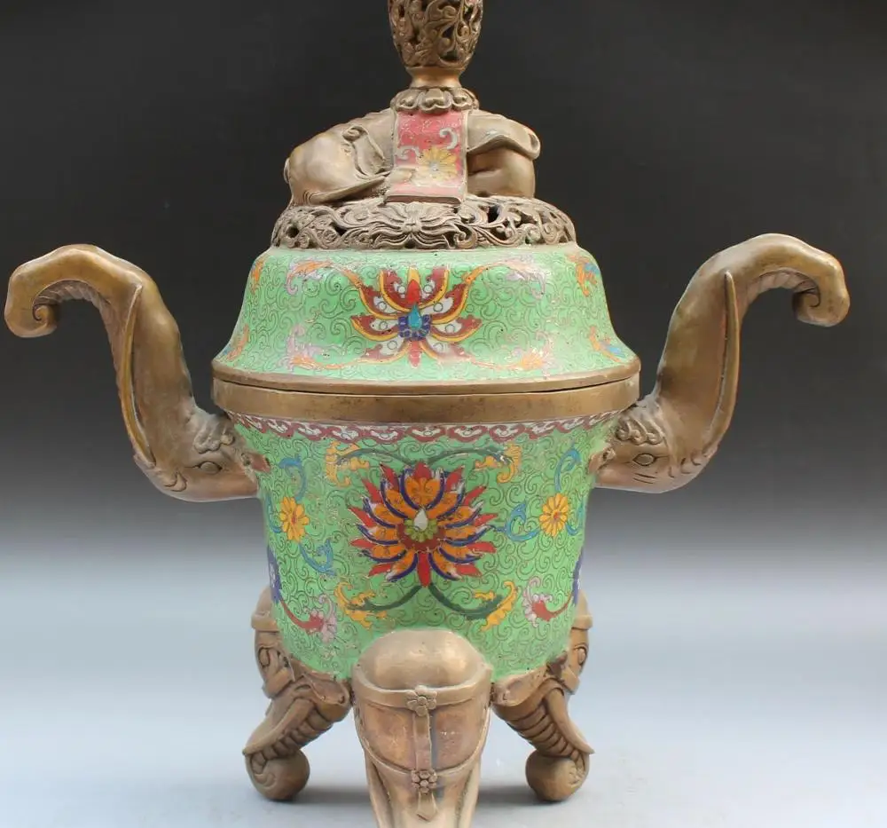 

free shipping 16" Chimese Cloisonne Enamel Bronze 3 Foot Elephant incense burner Censer Statue