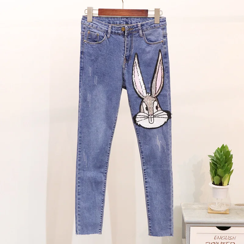 Осень, длинные джинсы для женщин, новые узкие брюки-карандаш с тяжелой вышивкой, брюки для девушек, студенческая мода, синие джинсы, верхняя одежда