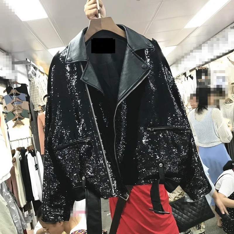 

Harajuku Streetwear Spliced Coat Female 2019 Spring Sequins PU Leather Jacket Woman Bomber Jackets Loose BF Short Outwear QH182