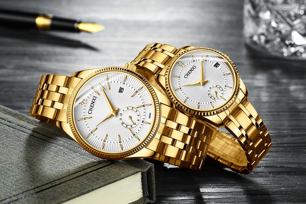 Роскошные Для женщин Для мужчин пара Часы Лидирующий бренд CHENXI Водонепроницаемый Нержавеющая сталь Любителя наручные часы Календари