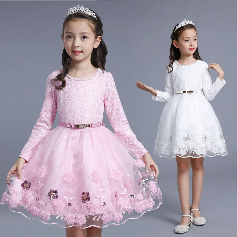 

2018 Autumn Teenage Girls Lace Long Sleeve Dresses Elegant Princess Party Pageant Formal Dress Kids Belt Costume Clothes P235