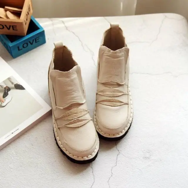 Beige White HUIFENGAZURRCS/Новинка; обувь из натуральной кожи ручной работы; художественная обувь на плоской подошве в стиле ретро mori girl; женские повседневные тонкие ботинки - Цвет: Beige White