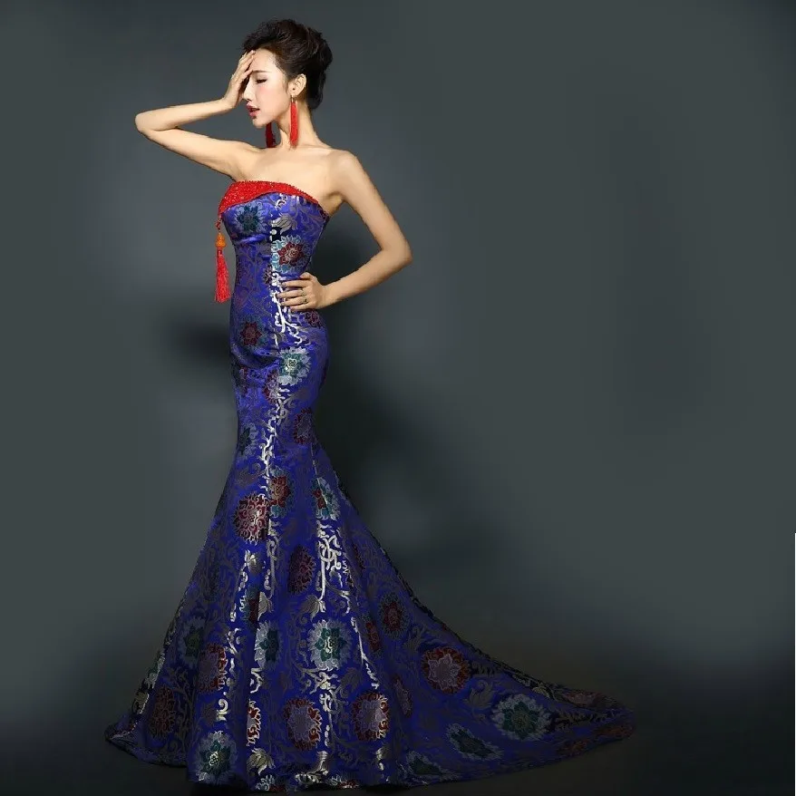 Tube top trailing royal blue fishtail cheongsam wedding dresses brocade long traditional chinese cheongsam wedding dresses (7)