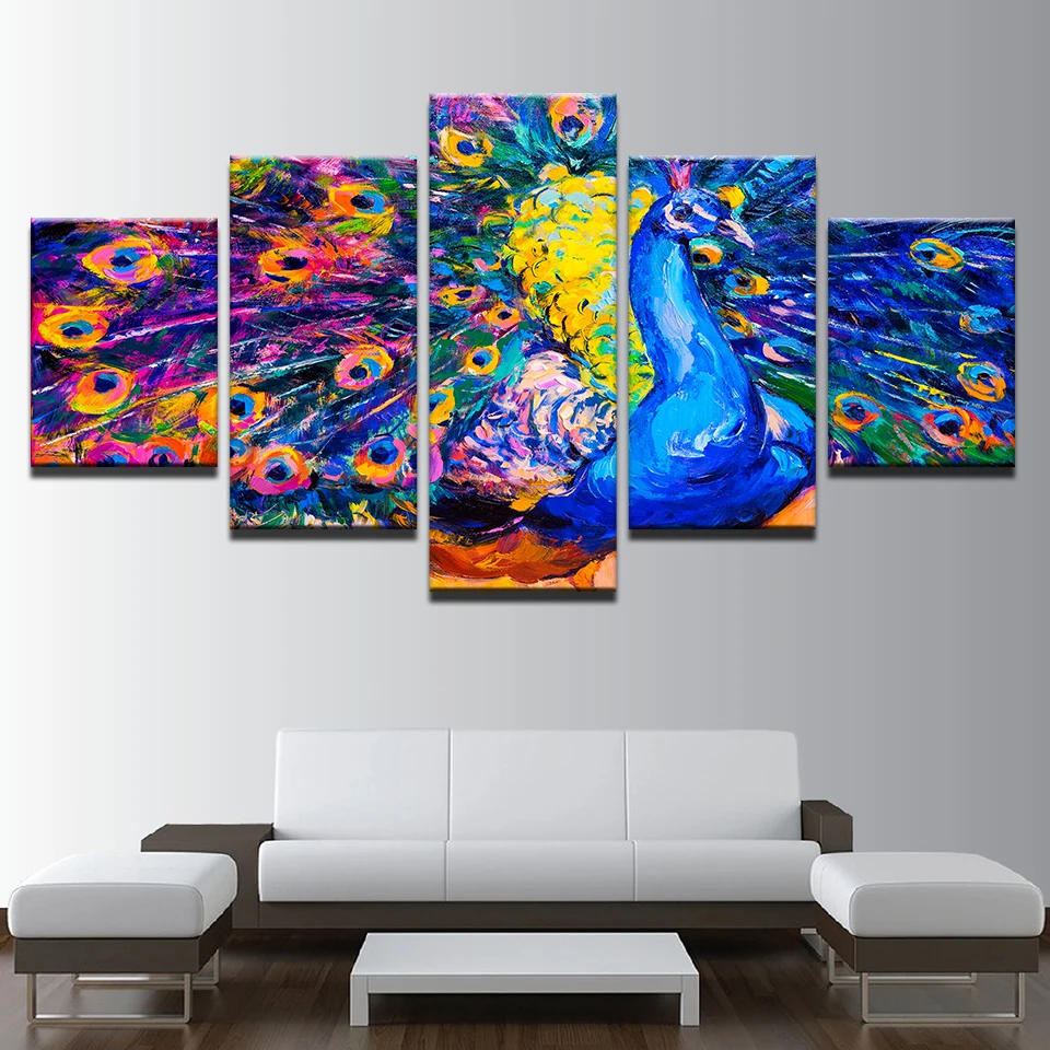 Wall Art HD Prints Pictures 5 Pieces Abstract Peacock Canvas Painting ...