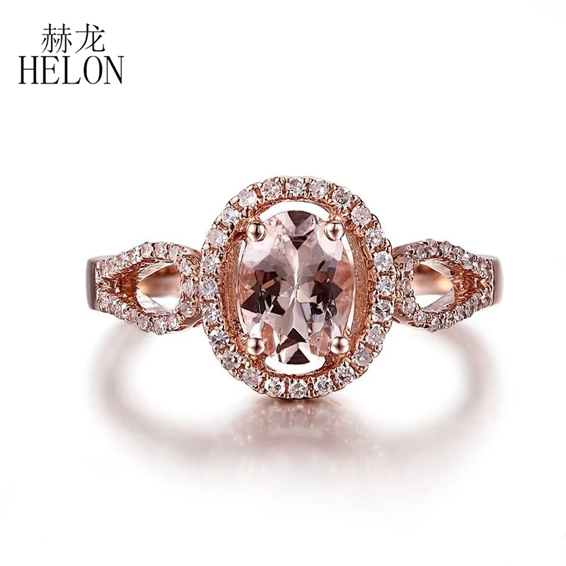 

HELON Solid 10K Rose Gold Fine Gemstone 7x5mm Oval Cut 0.8ct Morganite Diamonds Wedding Ring Women's Exquisite Fine Jewelry Ring