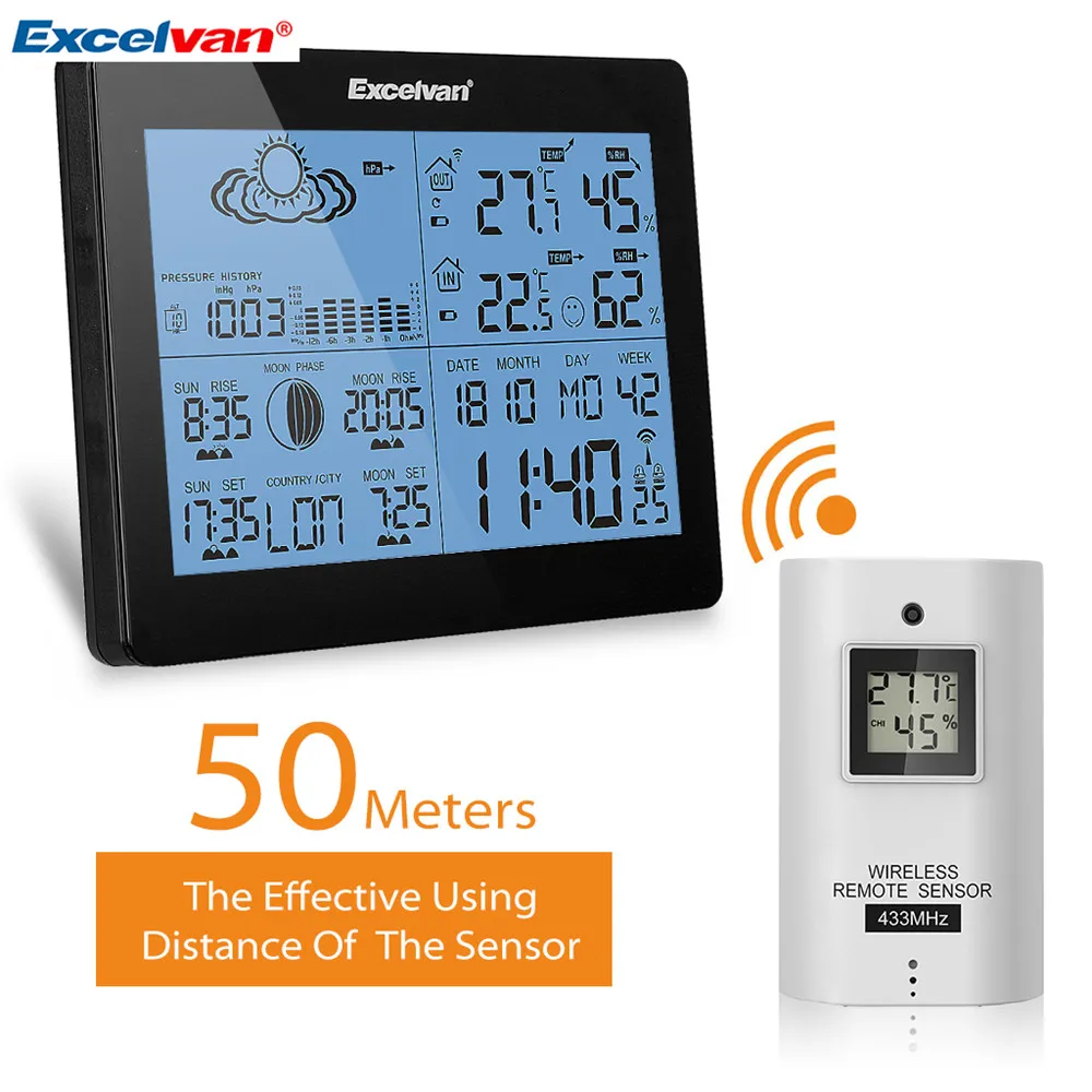 EXCELVAN Wireless Thermometer Hygrometer Weather Station Forecast Temperature Humidity Tester Clock Alarm Indoor Outdoor Clock5