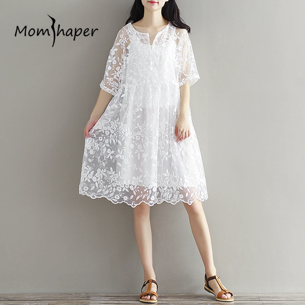 

Maternity Clothing Summer Dress 2-Piece Set Embroidery White Dresses For Pregnant Women 2018 New Fashion Medium Long Sweet Style