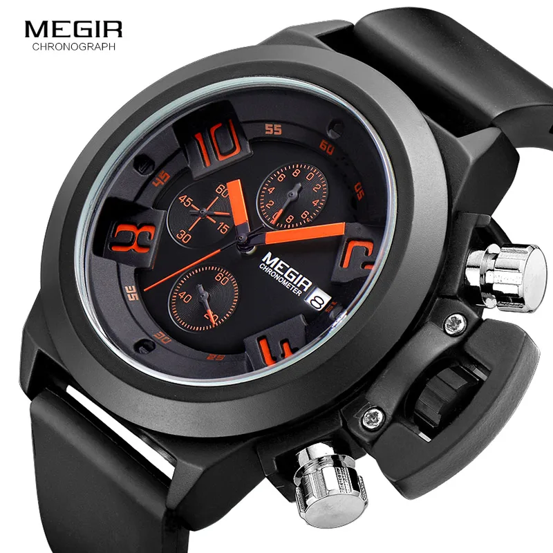 Megir модные спортивные кварцевые часы, мужские наручные часы с резиновым ремешком, аналоговые часы с хронографом, черные часы, мужские часы, люксовый бренд, Топ