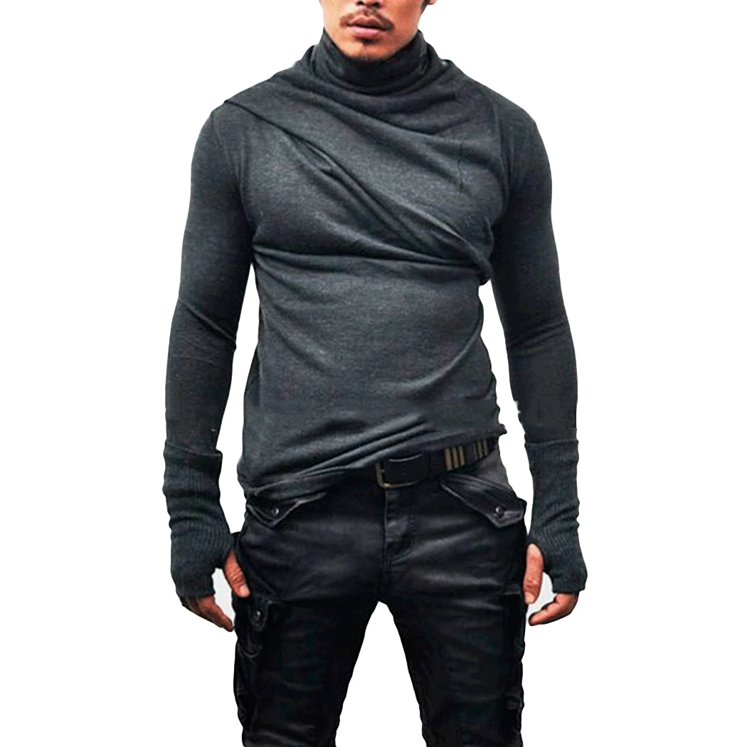 2018 Fashion Men Long Sleeves Turtleneck T Shirts With Gloves T Shirt