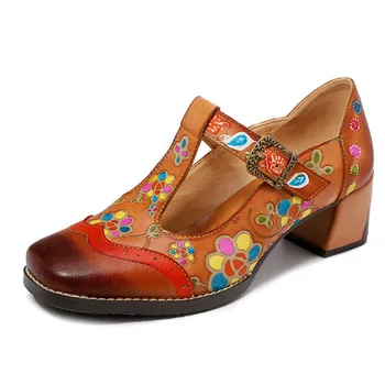 

Plus Size 34-42 New High Heels Pumps Square Toe Genuine Leather Shoes Women Ladies Office Work Embroider Shoes chaussure femmer