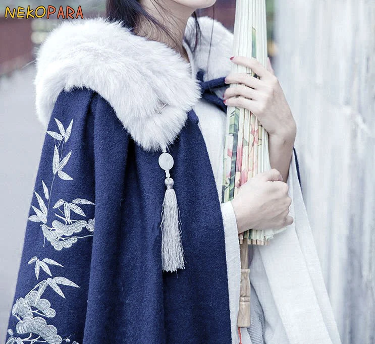 

Long Wood-Pine Bamboo&Plum Blossoms Women's Winter Chinese Style Vintage Dress Fine Embroidery Hanfu Long Cloak 2Pcs Set Warm