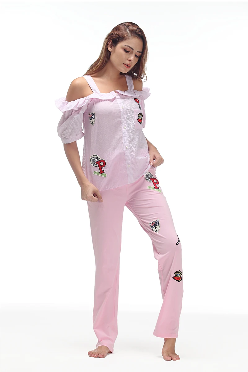 Yusano Pajamas Women Embroidery Camisole Short Sleeve Ruffle Sleepwear Girl Blue Pink Stripe Homewear Cotton Top+Long Pants