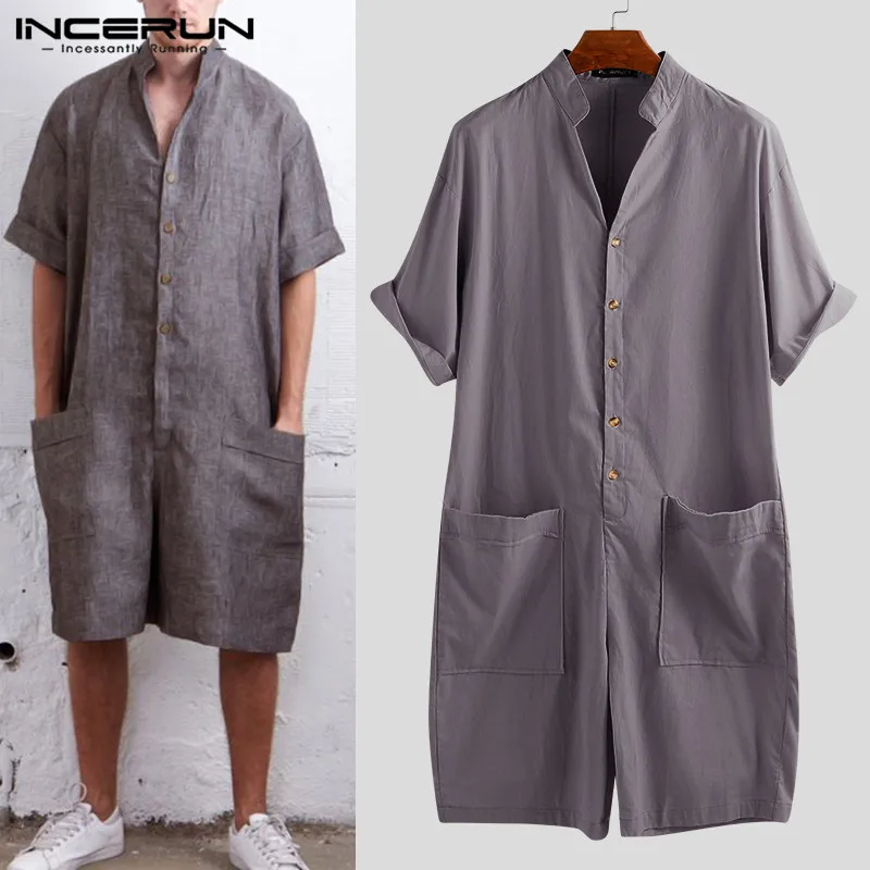 

INCERUN Men Rompers Pants Half Sleeve Cotton Pockets Playsuit Loose Vintage Men Cargo Overalls Jumpsuit Wide Leg Pants Men 2019