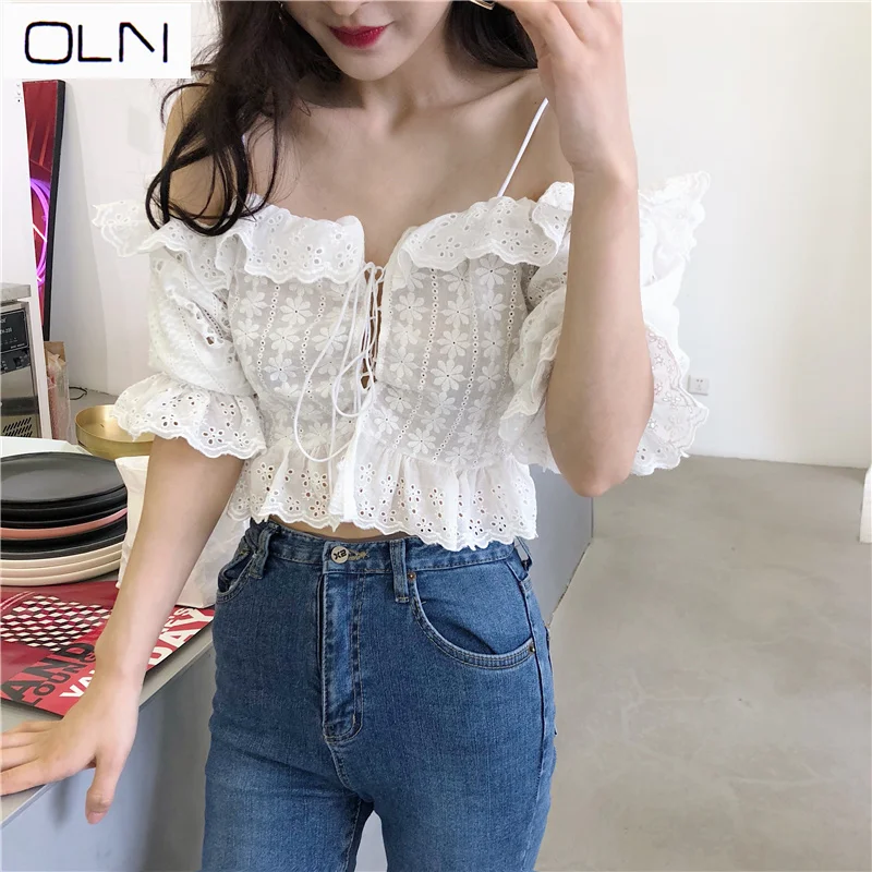 

tees Lace OLN Hong Kong flavor retro chic lace sling sleeveless short chiffon shirt new arrival Korean summer