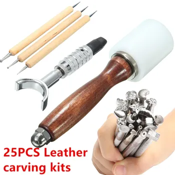 

High 25Pcs/Set Manual Leather Craft Stamping Carved Wooden Hammer Embossing Tools Kit UEJ
