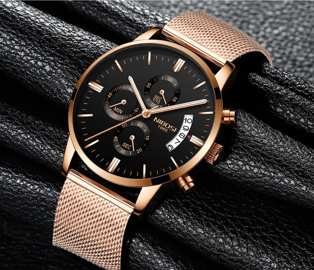 

Free Shipping 2309 NIBOSI Relogio Men's Watch Fashion Casual Stainless Steel Mesh Strap Chronograph Quartz Wristwatches