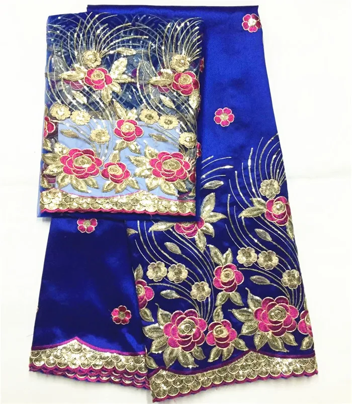 

Nigerian George Lace Fabric raw silk George Fabric African royal blue sequin George Wrapper High Quality with net lace blouse