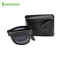 SOOLALA Marca Diseñador Plegable Espejo gafas de Sol UV400 Mujeres Forman el Cuerno Montura Plegable gafas de Sol Para Hombre con Compacto de Bolsillo