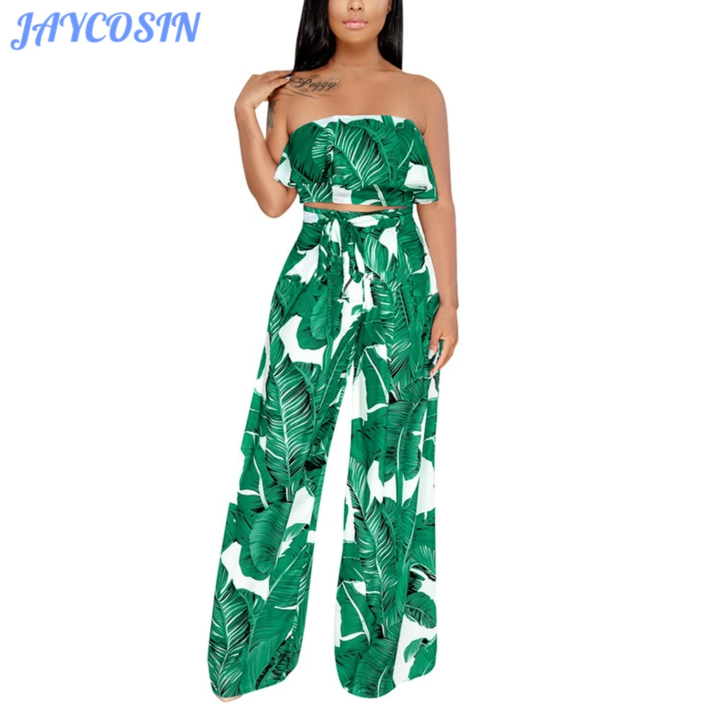 

JAYCOSIN Women Set Clothes Sexy Floral Print Two Piece Set Sleeveless Off Shoulder Ruffle Tank Top Loose Haren Wide Pants Suit