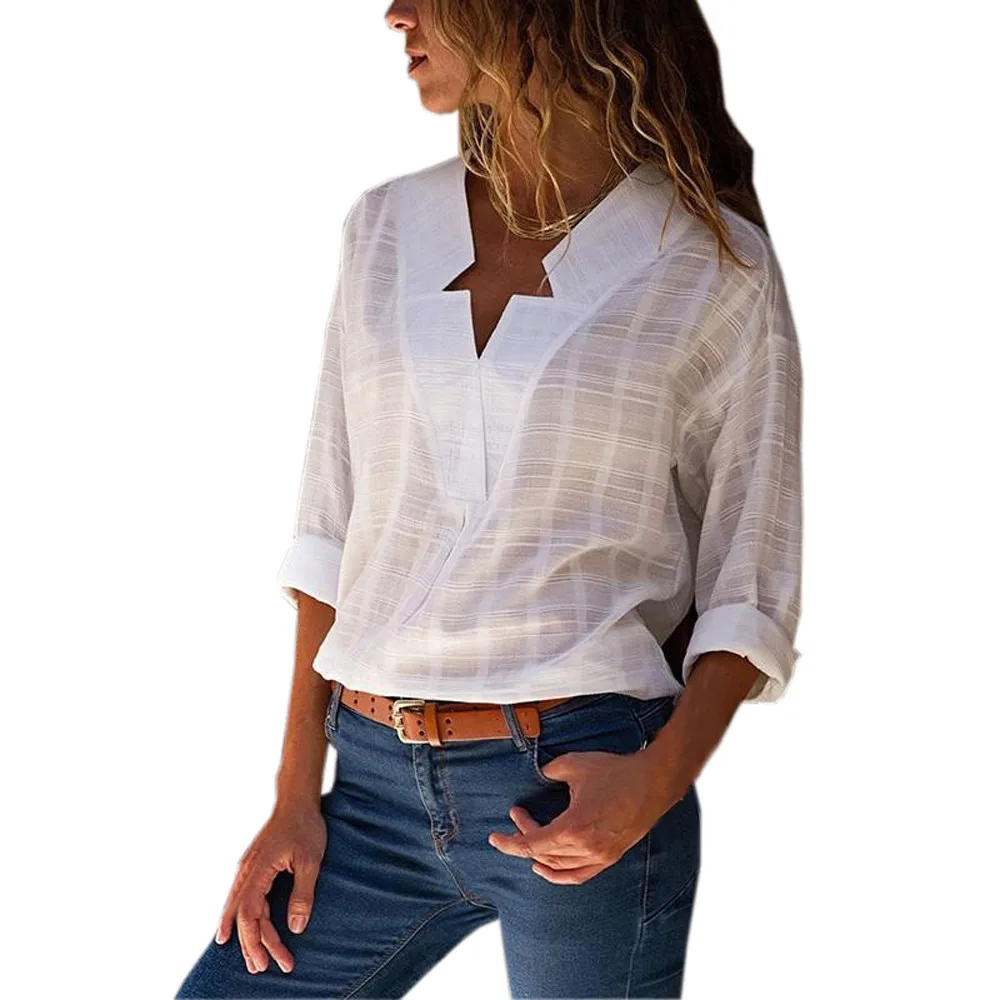 Fashion Women V Neck Long Sleeve Cotton Linen T shirt Casual blusas ...