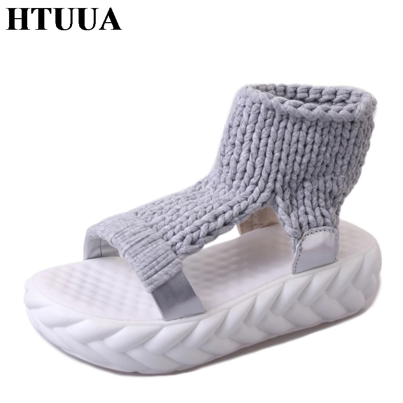 HTUUA/высококачественные шерстяные вязаные босоножки на танкетке женская обувь