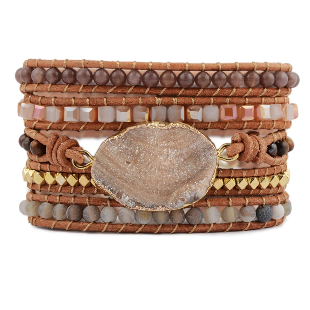 

NEW Natural Stone 5 strands Wrap Bracelets Galaxy Quartz Handmade Boho Bracelets Bohemian Women Leather Bracelets Drop shipping
