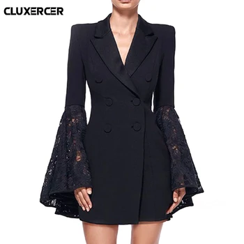 

Blazer feminino 2018 Spring Double Breasted Coat Fashion Lace Flare Sleeve Slim Work Long Blazers for women