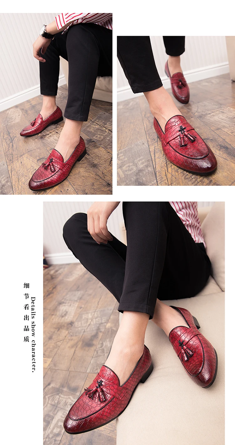 Новая модная мужская обувь; трендовая повседневная обувь из лакированной кожи с блестками; красная обувь; лоферы с кисточками; повседневная кожаная обувь