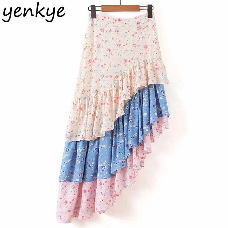 Patchwork Floral Print Holiday Boho Skirt Women Layered Ruffle Asymmetric Cake Skirt Elegant Lady High Waist Summer Skirt