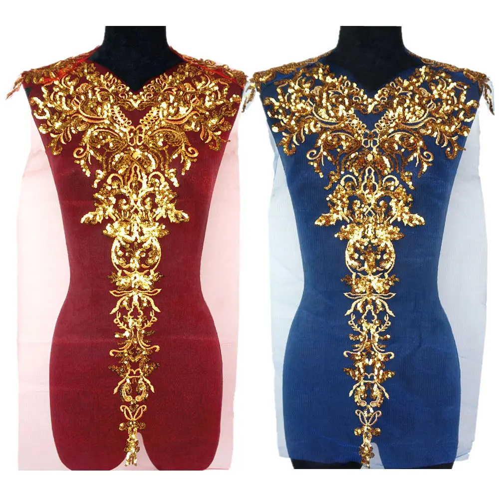 

1 Set Gold Sequined Appliques Red Blue Black Mesh Epaulette Embroidery Lace Fabric Wedding Sew On Patch For Dress DIY Decoration