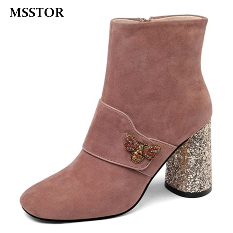 

MSSTOR Round Heels Bling High Heels Boots Crystal Pointed Toe Sexy Short Plush Ankle Boots Women Kid Suede Winter Boots Women